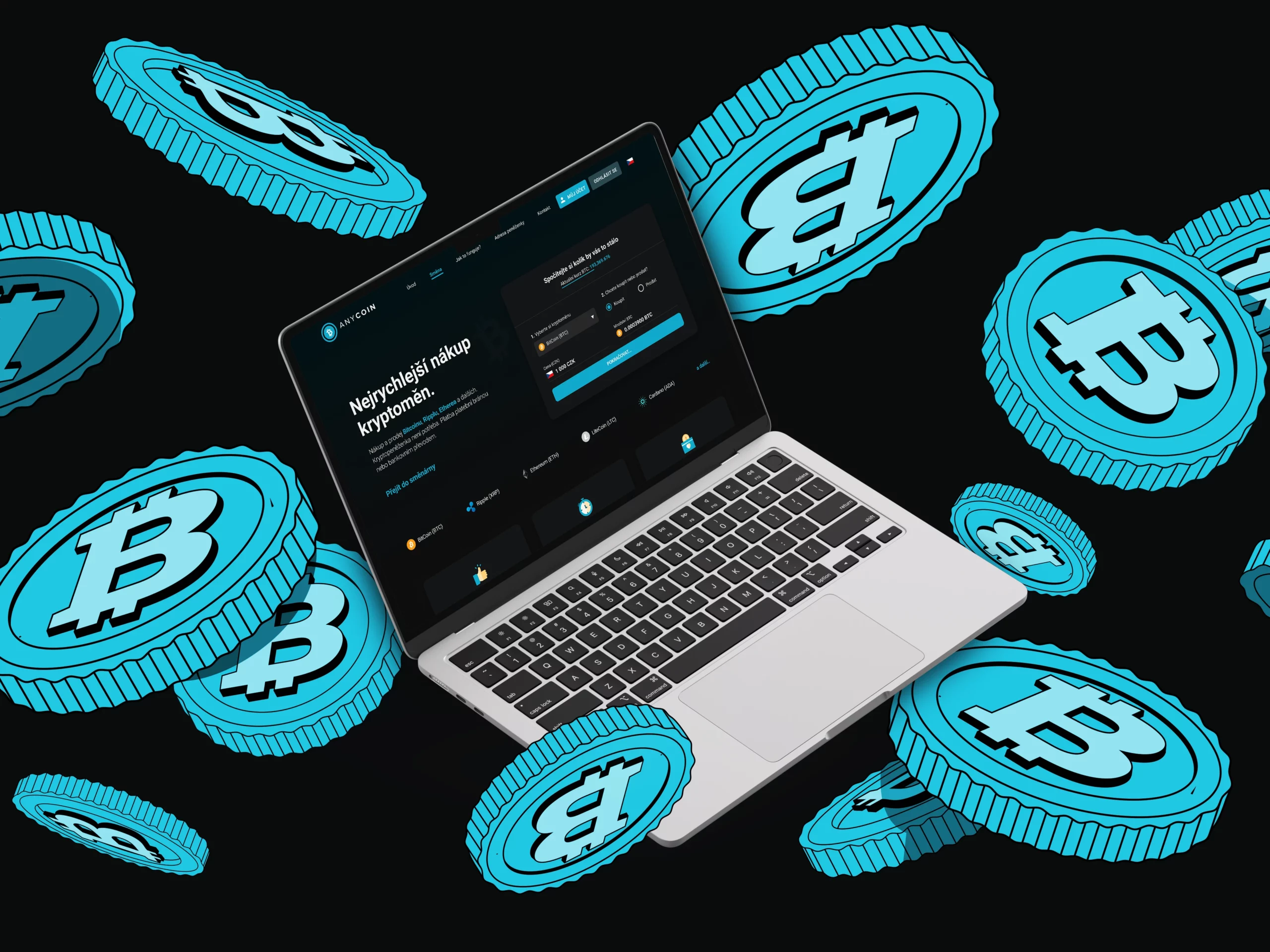 Graphic design for Anycoin, the largest cryptocurrency exchange in the Czech Republic, focused on user-friendliness and trust.